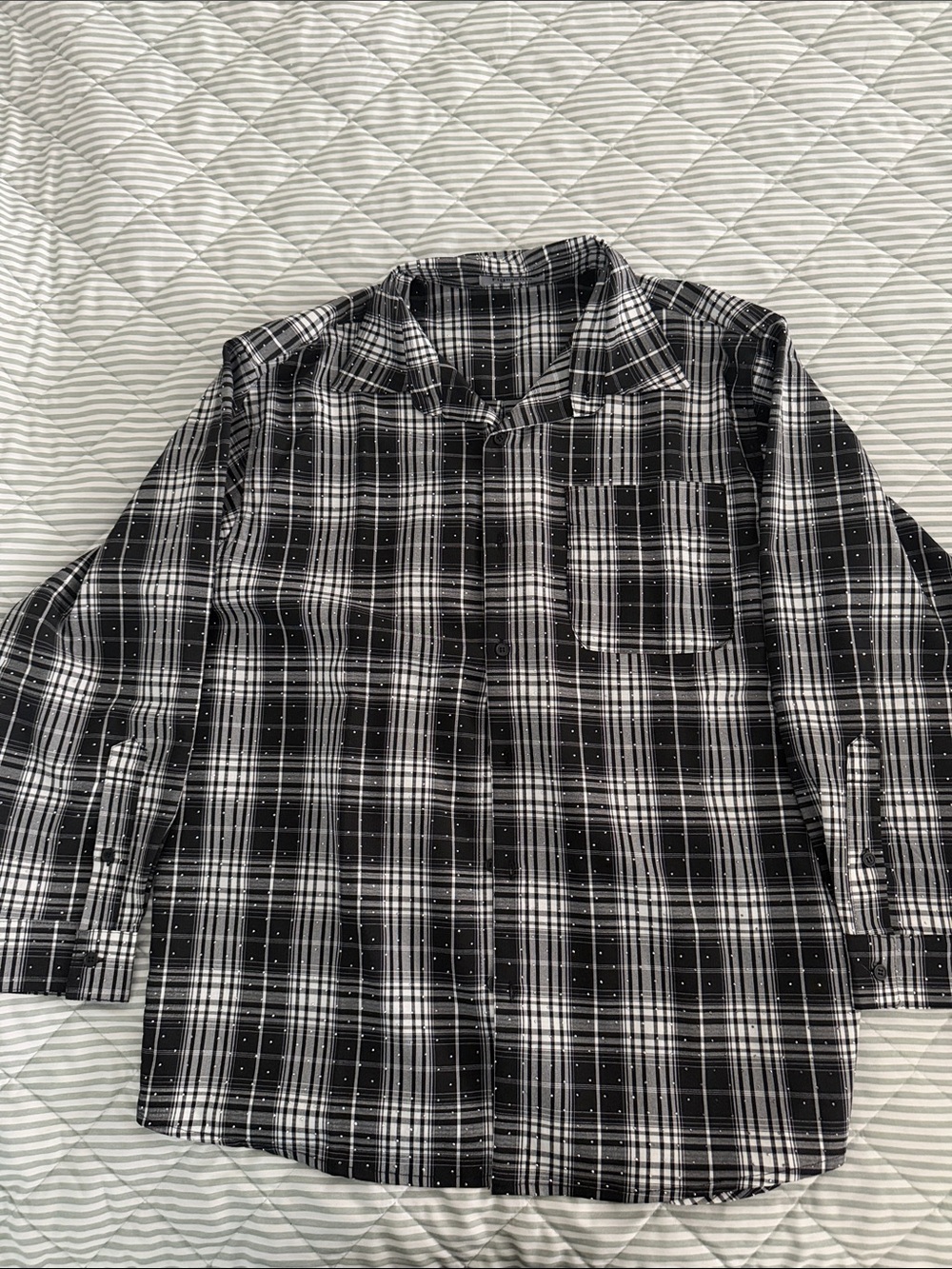 Black & White Plaid Women’s Button-Up Shirt with rhinestones